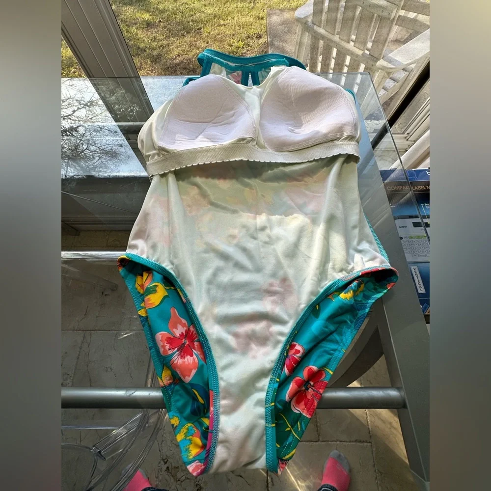 Lands’ End Floral Tummy Control One Piece Swimsuit Size 10 DD Blue Orange
